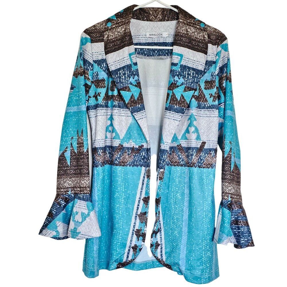 NWOT Blue and Black Women's Blazer Size S Ruffle Cuff Western Office Aztec
